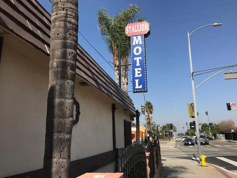 A low-angle shot of the exterior of the Stallion Motel, with its sign and building visible.